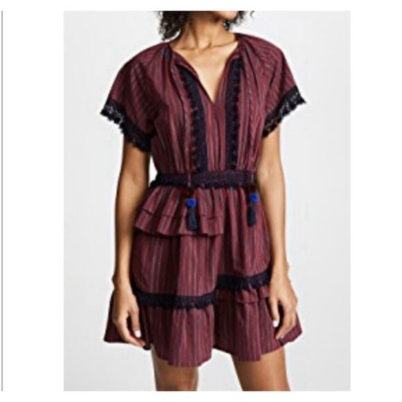 Sea New York Peasant Dress Burgundy Black Ruffled Pom Poms Lace Trim Size 4 - Picture 1 of 9